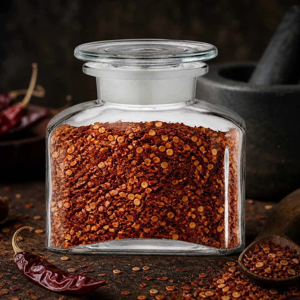 Przezroczysta butelka aptekarska o pojemności 150 ml z płatkami chili i szklanym korkiem, stojąca na rustykalnym drewnianym stole