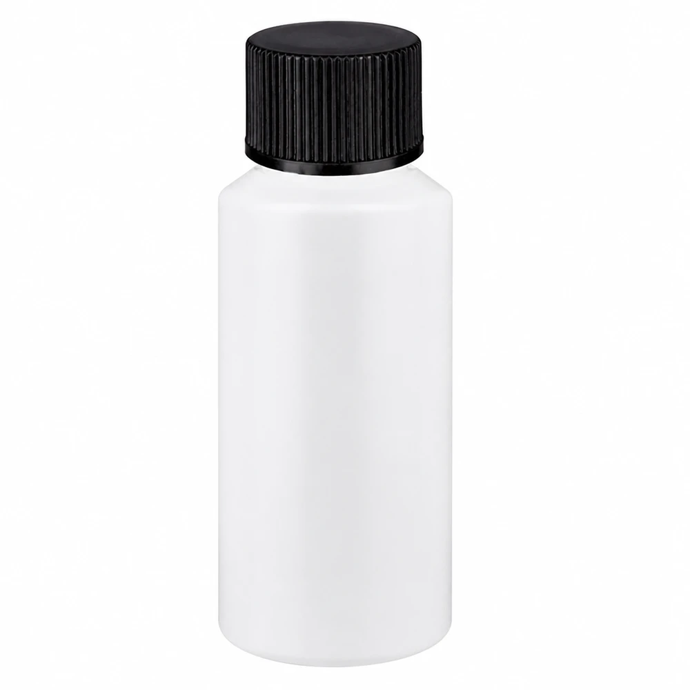 Butelka apteczna z HDPE, 30 ml, biała, z czarną zakrętką, wykonana z tworzywa sztucznego dopuszczonego do kontaktu z żywnością