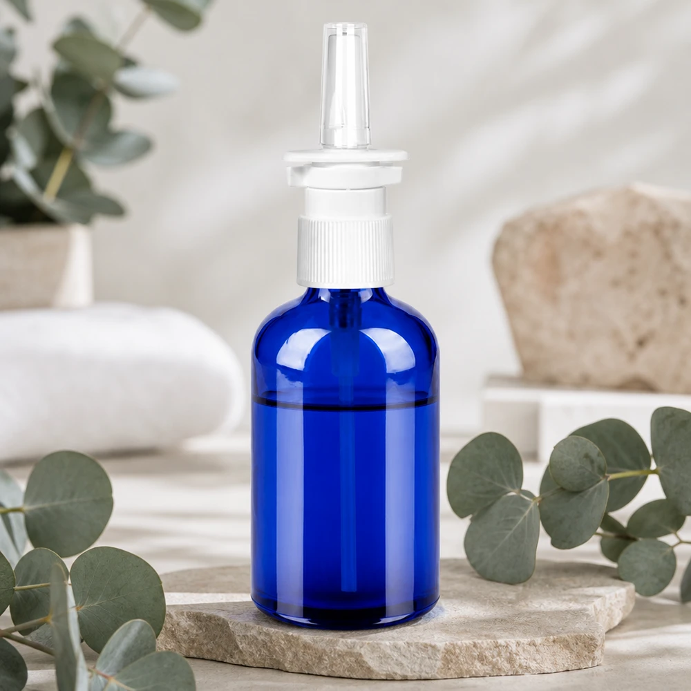 100 ml butelka z atomizerem do nosa w/tr. STD BlueLine UT18/100 Butelka z rozpylaczem 100 ml w kolorze ciemnoniebieskim z białą pompką do produktów farmaceutycznych