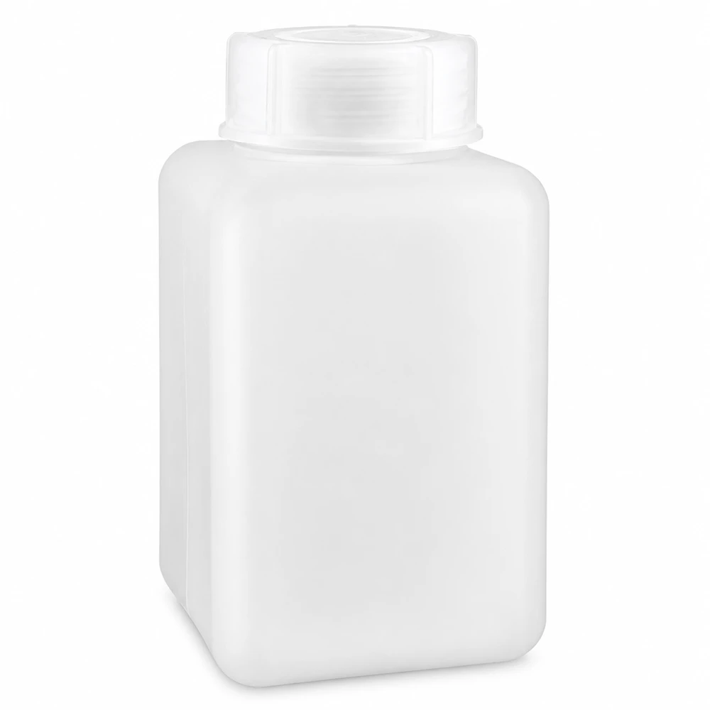Butelka na chemikalia 1000 ml, szeroka szyjka z PE-HD, kolor naturalny Butelka na chemikalia o pojemności 1000 ml, wykonana z PE-HD, z szeroką szyjką, w kolorze naturalnej bieli, przeznaczona do bezpiecznego przechowywania chemikaliów