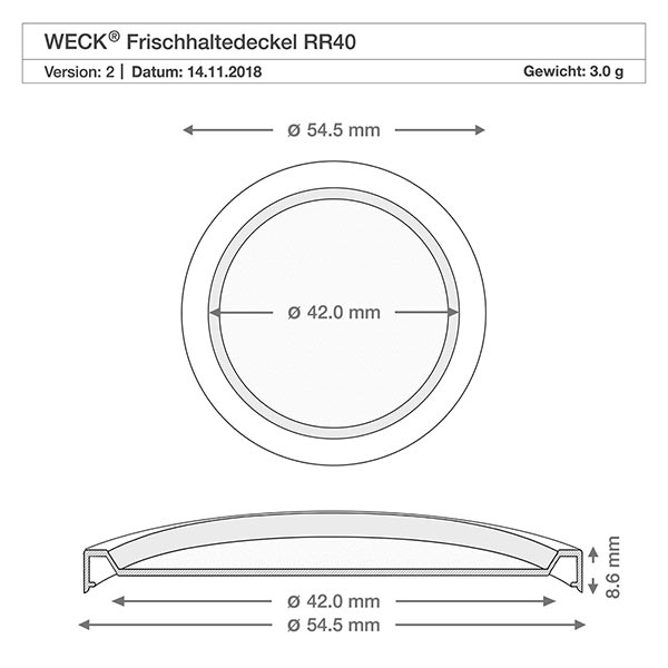 Kubki 35 ml z pokrywką zapewniającą świeżość WECK RR40 Rysunek techniczny pokrywki do świeżej żywności WECK RR40 o wymiarach 54,5 mm średnica zewnętrzna 42 mm średnica wewnętrzna 8,6 mm wysokość