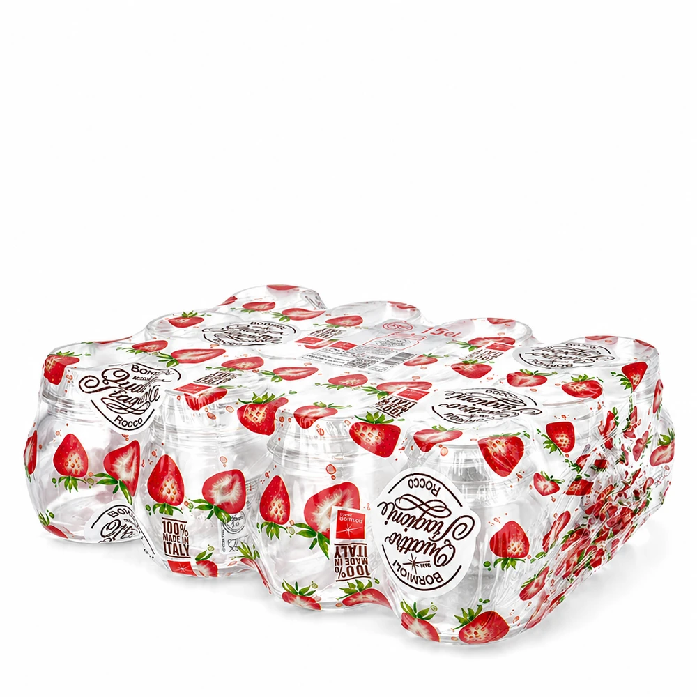 Szklanka domowa "Quattro Stagioni" o pojemności 150 ml Zestaw 12 słoików do przetworów Quattro Stagioni o pojemności 150 ml z motywem truskawek i zakręcaną pokrywką do przetworów