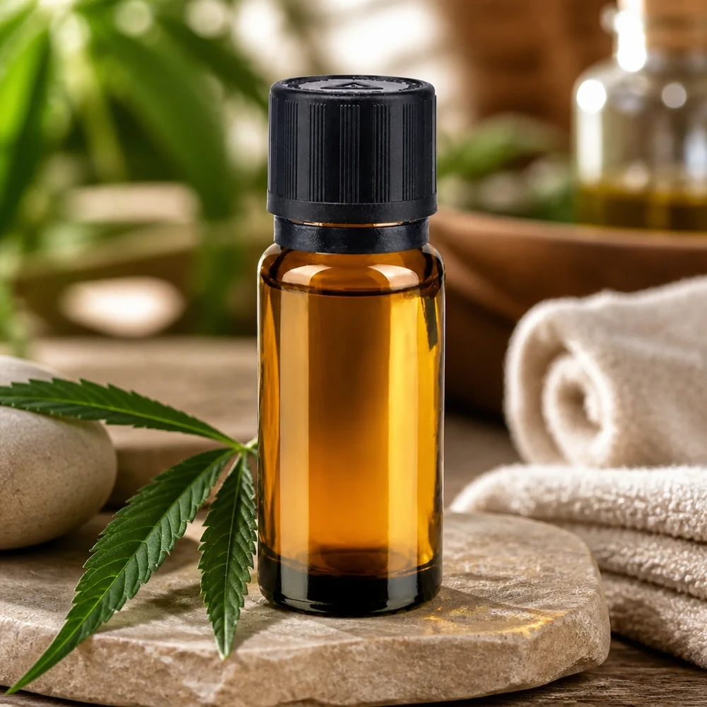 10 ml buteleczka z zakraplaczem ze szkła aptecznego z otworem o średnicy 1 mm, obok liścia konopi i kamieni wellness