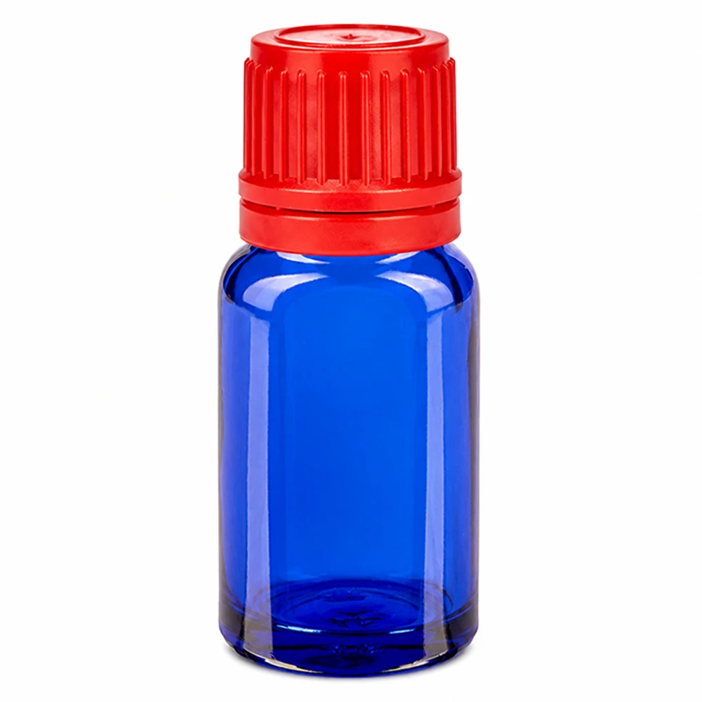 10 ml niebieska szklana butelka z czerwoną zakrętką 11 mm SV do olejków eterycznych i nalewek