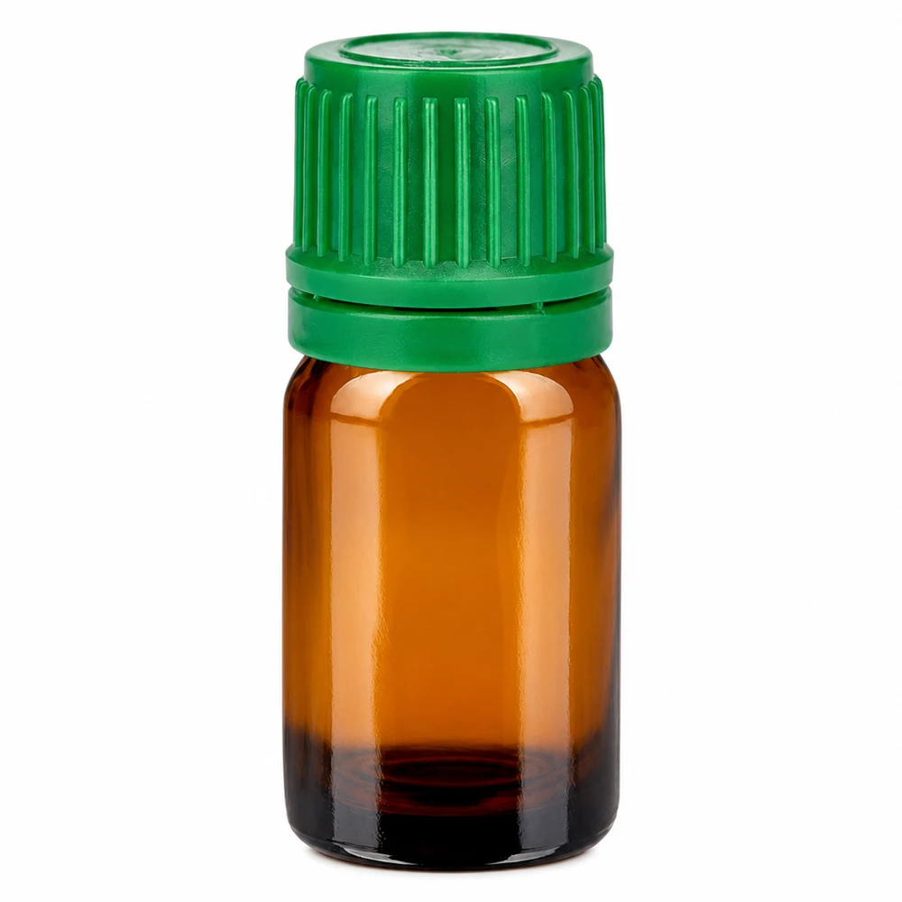 Butelka 5 ml 11 mm SV zielony OV BrownLine UT18/5 Butelka z bursztynowego szkła o pojemności 5 ml z zieloną zakrętką do olejków eterycznych i aromaterapii