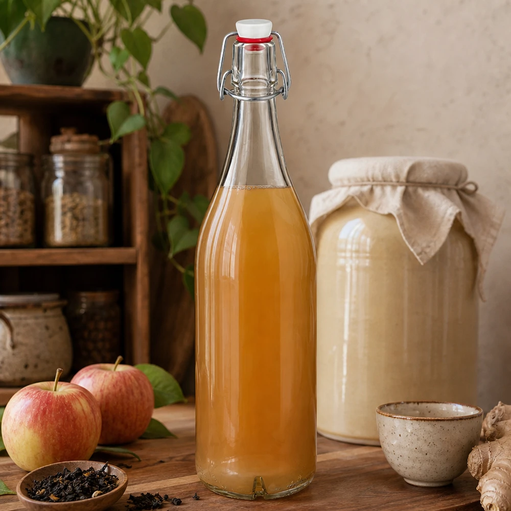 Butelka szklana 1000 ml z zamknięciem porcelanowym UNiTWIST Szklana butelka o pojemności 1000 ml wypełniona sokiem jabłkowym obok świeżych jabłek i kombuchy w rustykalnej kuchni