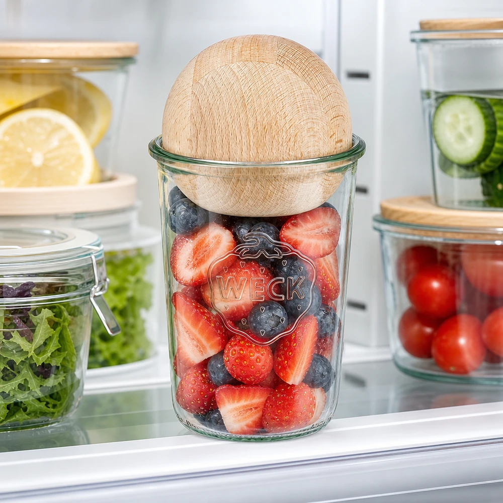 Kubki termiczne 850ml WECK RR100 z drewnianą kulką buk Kubki WECK RR100 850ml ze świeżymi jagodami w lodówce, kulka z drewna bukowego jako pokrywka dla zachowania świeżości