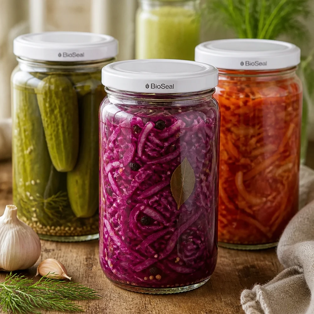 UNiTWIST Runda305 z białą pokrywką TO63 BioSeal UNiTWIST Runda305 Gläser mit weißem BioSeal Deckel gefüllt mit eingelegtem Gemüse - Gurken Rotkohl Karotten