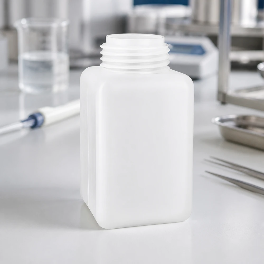 Butelka na chemikalia 1000 ml z polietylenu o wysokiej gęstości (PE-HD), z wąską szyjką, w kolorze naturalnym, półprzezroczysta, z gwintem śrubowym – zbliżenie