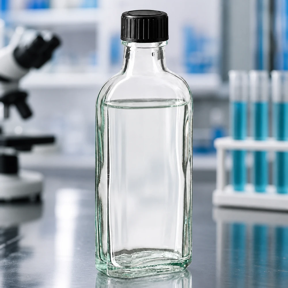 Szklana butelka Meplat o pojemności 100 ml z czarną zakrętką przed mikroskopem i niebieskimi probówkami w laboratorium