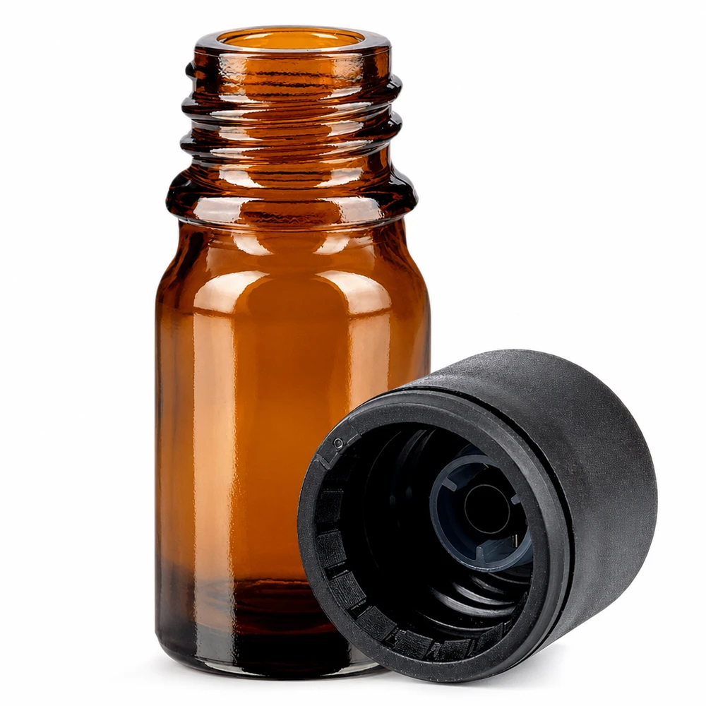 Butelka 5 ml 6 mm SV czarna STD BrownLine UT18/5 Butelka do aromaterapii o pojemności 5 ml wykonana z brązowego szkła z zabezpieczeniem przed dziećmi i otworem 6 mm