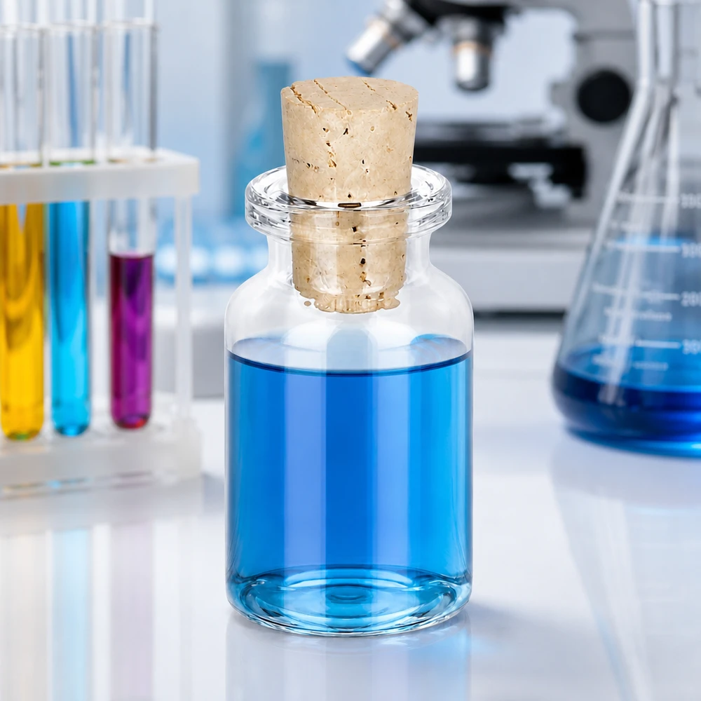 Przezroczysta szklana butelka 10 ml z korkiem 11/14 mm Kompakte Klarglas-Probenflasche 10ml mit konischem Korken 11/14mm in professioneller Laborumgebung