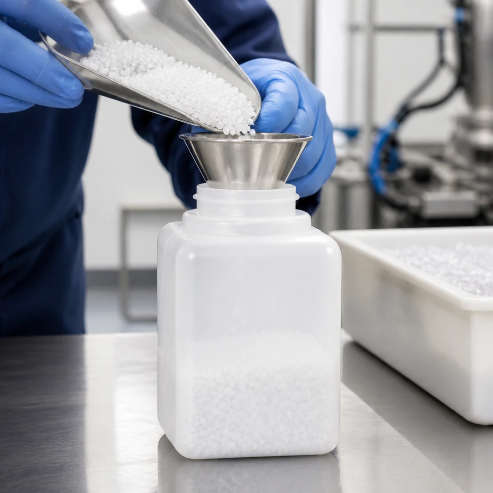 Laborant napełnia białe granulki z tworzywa sztucznego za pomocą łopatki i leja do butelki na chemikalia z PE-HD o pojemności 20 ml