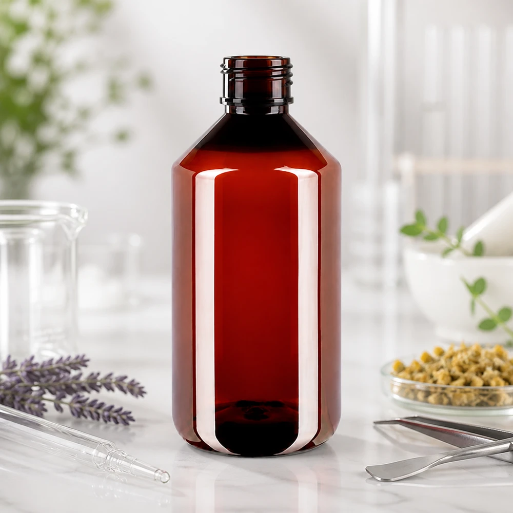 Pusta brązowa butelka PET o pojemności 750 ml z zakrętką w laboratorium medycznym, w otoczeniu ziół