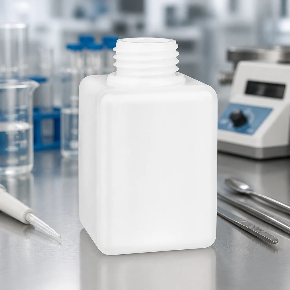 Butelka na chemikalia 100ml, wąska szyjka wykonana z PE-HD, kolor naturalny, GL 25 Butelka z PE-HD o wąskiej szyjce, 100 ml, GL 25, biała, nieprzezroczysta, o kwadratowym przekroju, na stole laboratoryjnym ze stali nierdzewnej