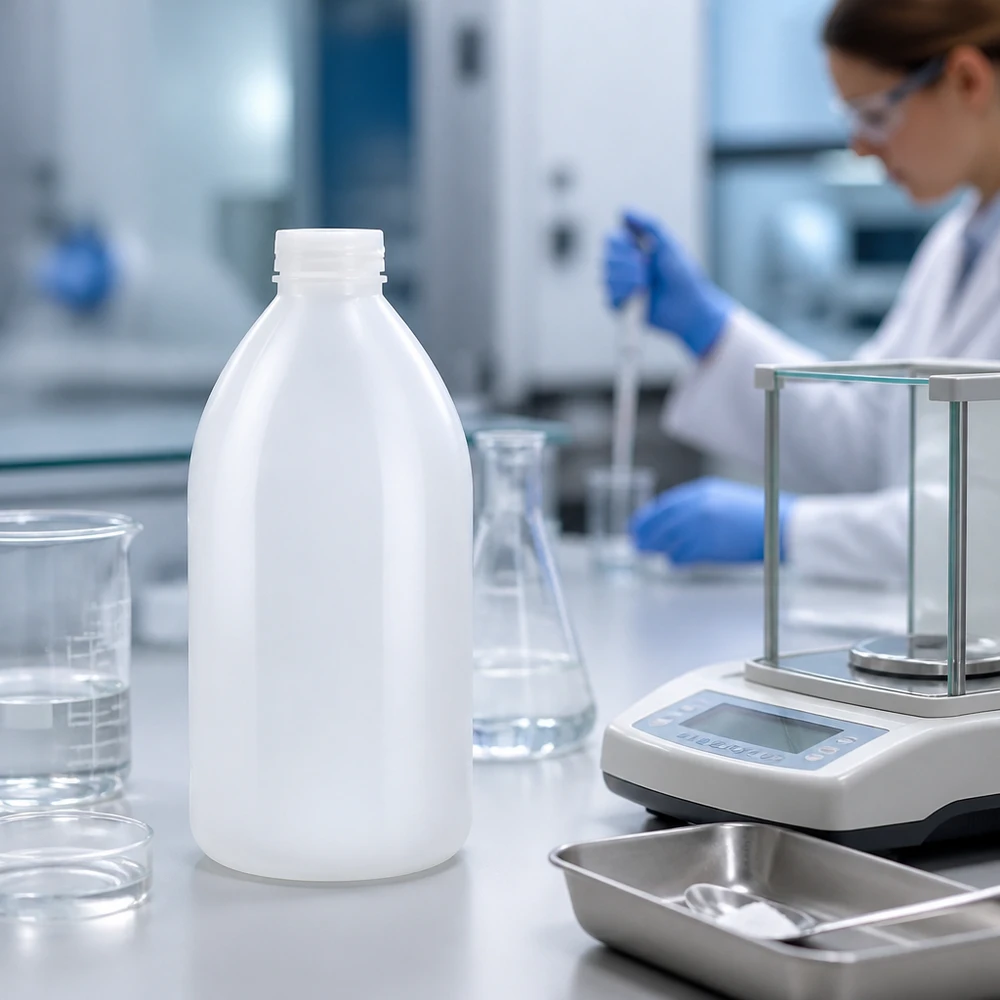 Biała butelka laboratoryjna o wąskiej szyjce o pojemności 1000 ml obok wagi analitycznej i kolby Erlenmeyera w laboratorium
