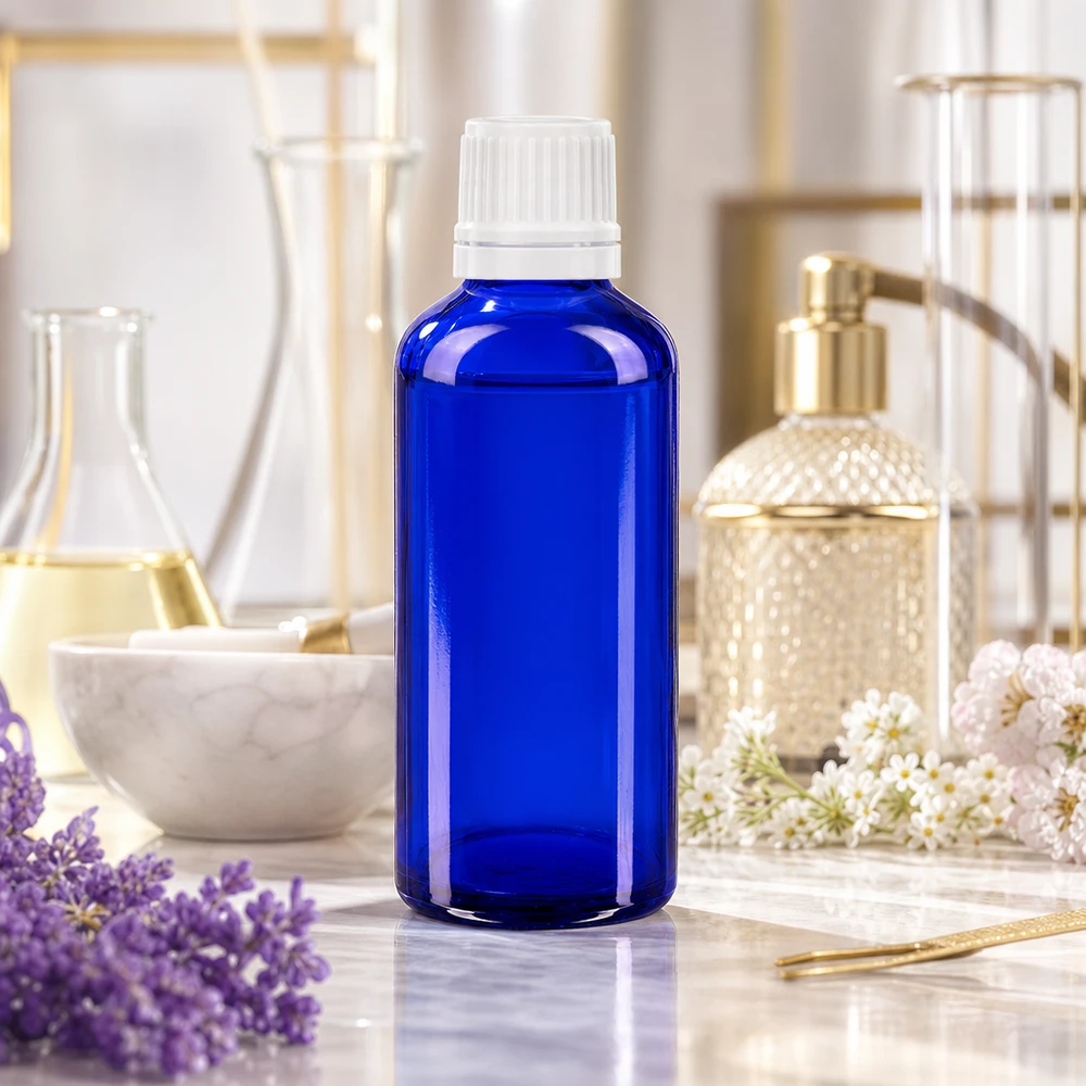 Niebieska szklana butelka o pojemności 50 ml z białą nakładką z kroplomierzem 0,7 mm, zapewniającą precyzyjne dozowanie