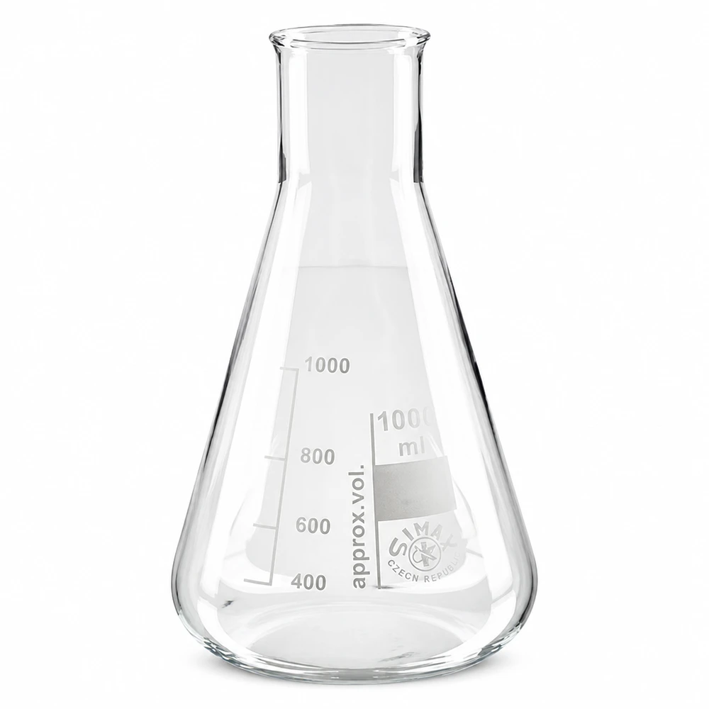 Kolba Erlenmeyera z szeroką szyjką 200 ml Kolba Erlenmeyera o pojemności 200 ml z szeroką szyjką wykonana ze szkła borokrzemowego do użytku laboratoryjnego i eksperymentów