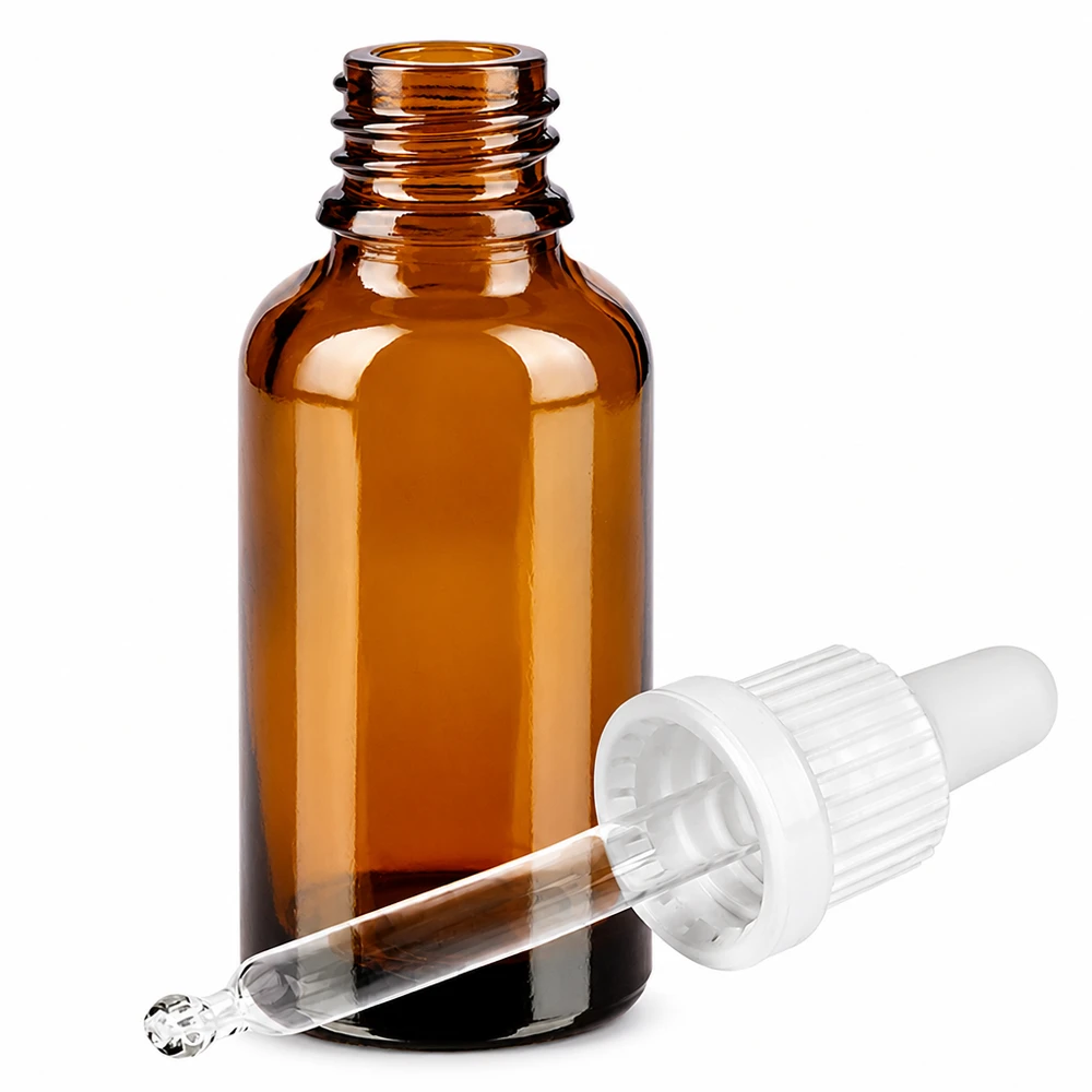 Butelka z pipetą 30 ml biała OV BrownLine UT18/30 Butelka z bursztynowego szkła o pojemności 30 ml z pipetą i zakraplaczem do precyzyjnego dozowania płynów