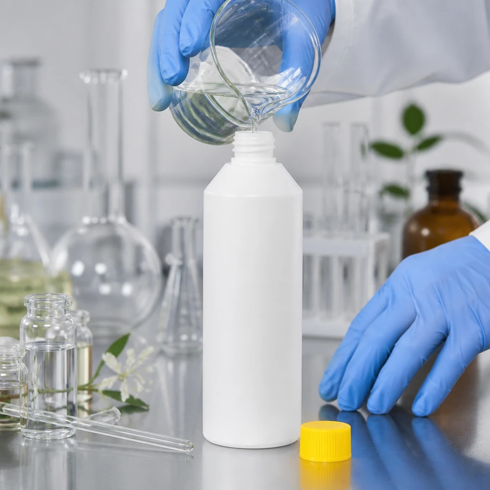 Butelka apteczna HDPE 250ml biała, z żółtym SV Laborant napełnia białą butelkę aptekarską z HDPE o pojemności 250 ml z żółtym zamknięciem zabezpieczającym przed dziećmi