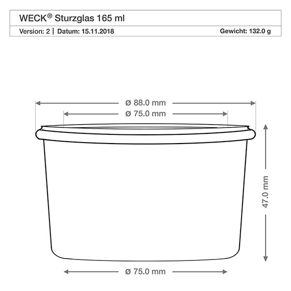 Zestaw 48 słoików Weck o pojemności 165 ml z 48 szklanymi pokrywkami Rysunek techniczny z wymiarami kubka WECK 165ml RR80 o wymiarach średnica 88mm wysokość 47mm waga 132g