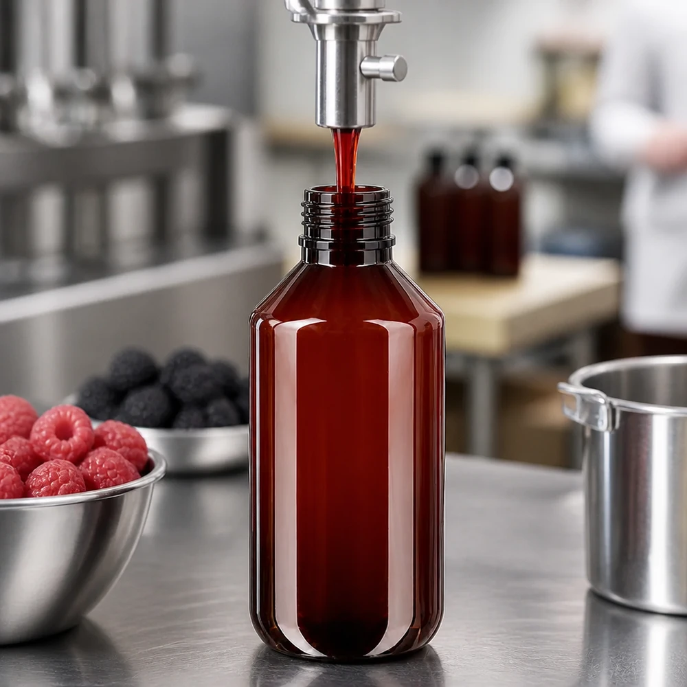 Butelka PET 200 ml z czarną nakrętką OV Kleine PET Flasche 200ml amber für Beerensirupe und Säfte mit schwarzem Spritzverschluss OV