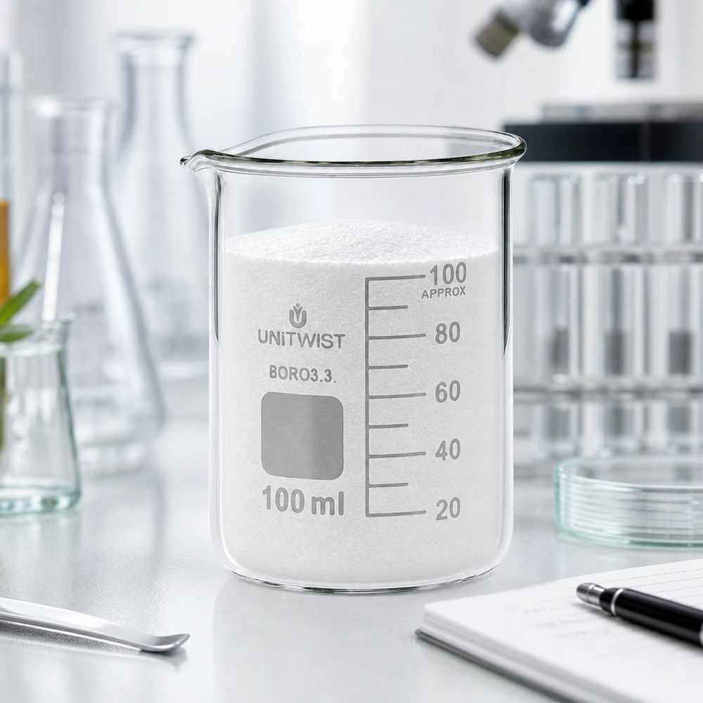 Szklanka UNiTWIST o pojemności 100 ml, wypełniona białym proszkiem, stojąca na blacie laboratoryjnym