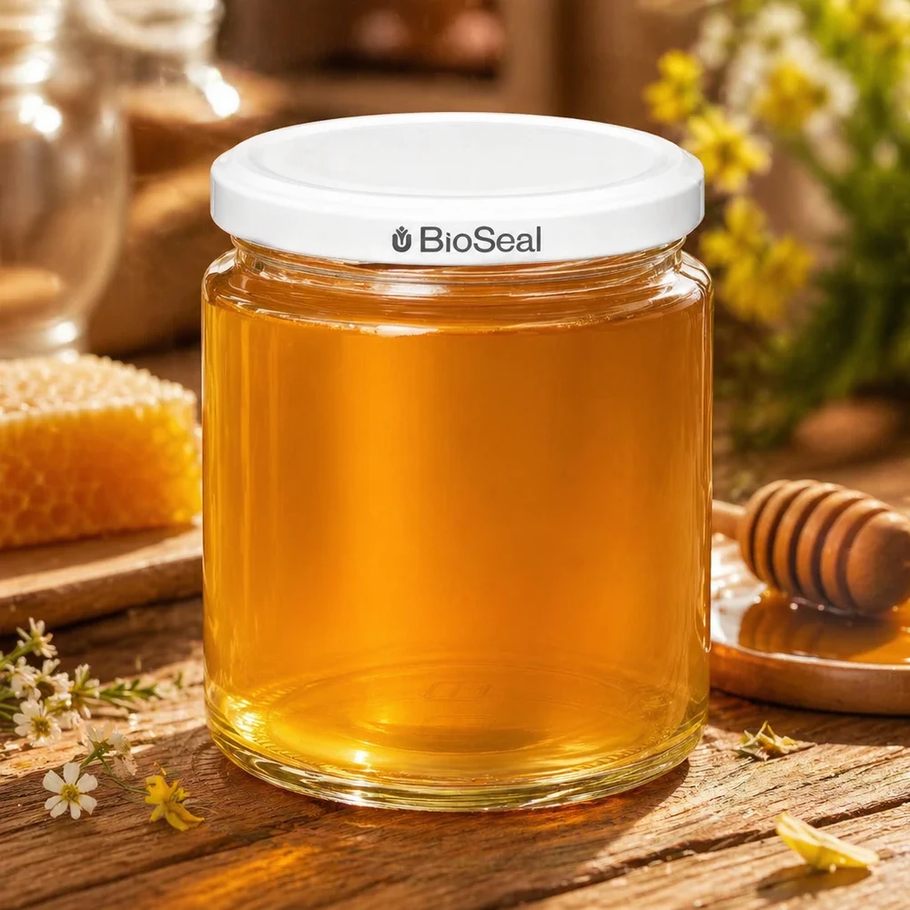 250 ml słoik miodu BioSeal UNiTWIST wypełniony złocistym miodem na drewnianym stole z plastrem miodu i pałeczką do miodu
