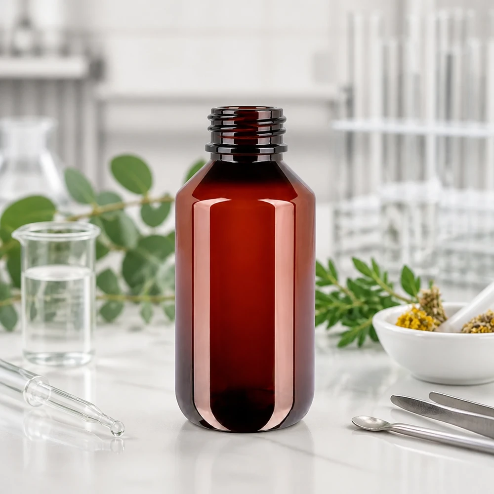 Brązowa butelka PET o pojemności 200 ml z zakrętką na białej marmurowanej powierzchni w otoczeniu laboratoryjnym