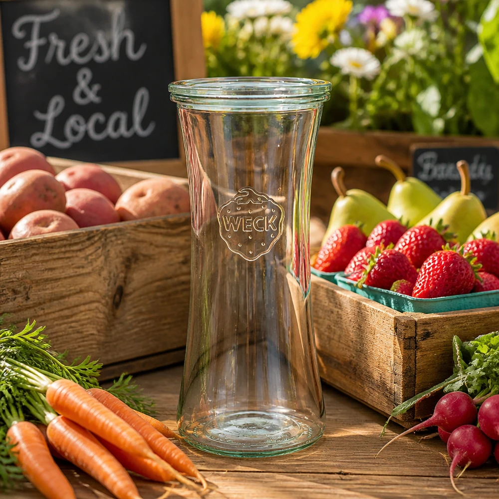 Słoik delikatesowy 700ml ze szklaną pokrywką WECK RR80 Słoik delikatesowy WECK 700ml RR80 między świeżymi owocami i warzywami na rustykalnym drewnianym stole - słoik na przetwory dla lokalnych profesjonalistów