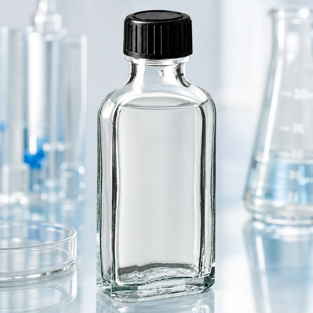 50 ml Przezroczysta zakrętka Meplat z dyskiem uszczelniającym z EPE Przezroczysta butelka Meplat o pojemności 50 ml z uszczelką z EPE i czarnym zamknięciem w warunkach laboratoryjnych
