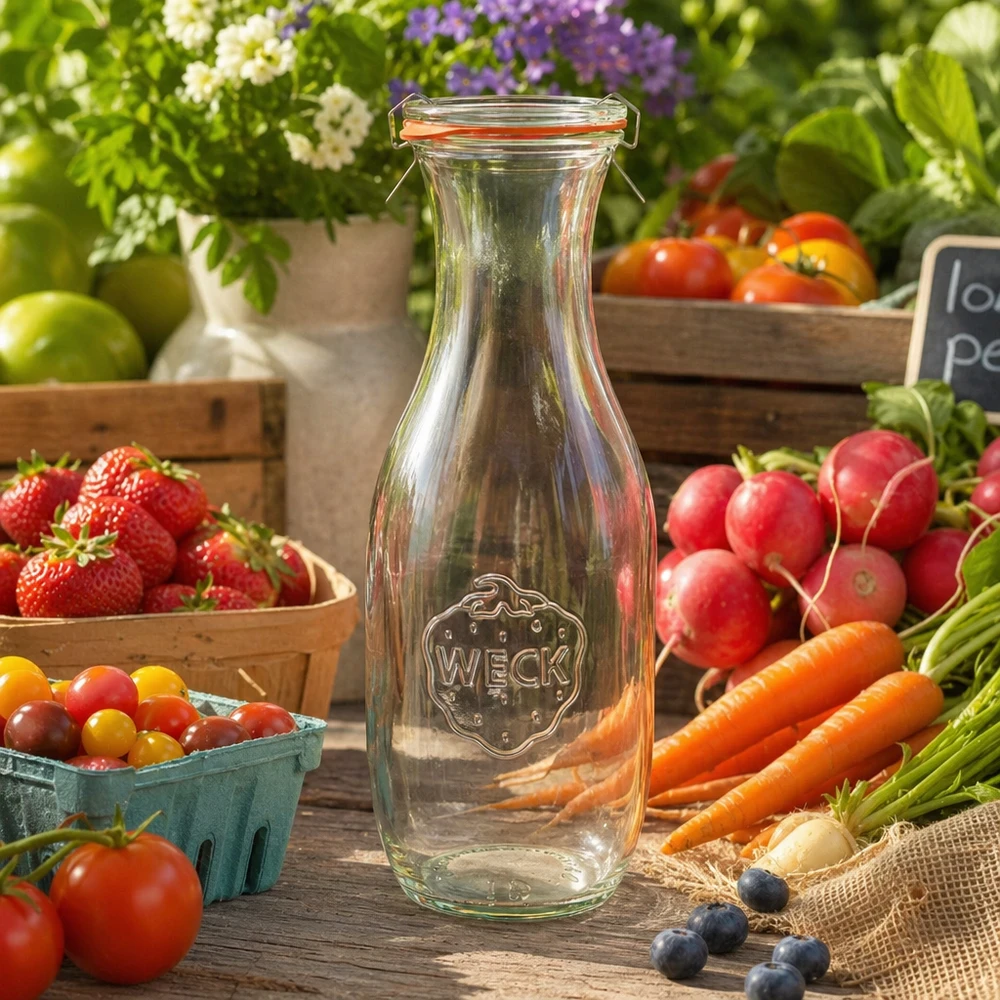 Butelka na sok WECK 1062ml RR60 pusta pomiędzy świeżymi warzywami i owocami na drewnianym stole Farmers Market atmosfera naturalna