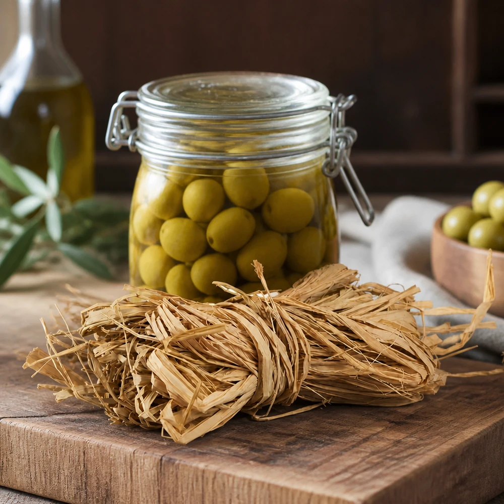 Sztuczna trawa do dekoracji, 30 g Naturalna rafia 30g w kolorze złotego beżu ułożona na drewnianej desce wykazuje wszechstronne zastosowanie do dekoracji i rękodzieła.