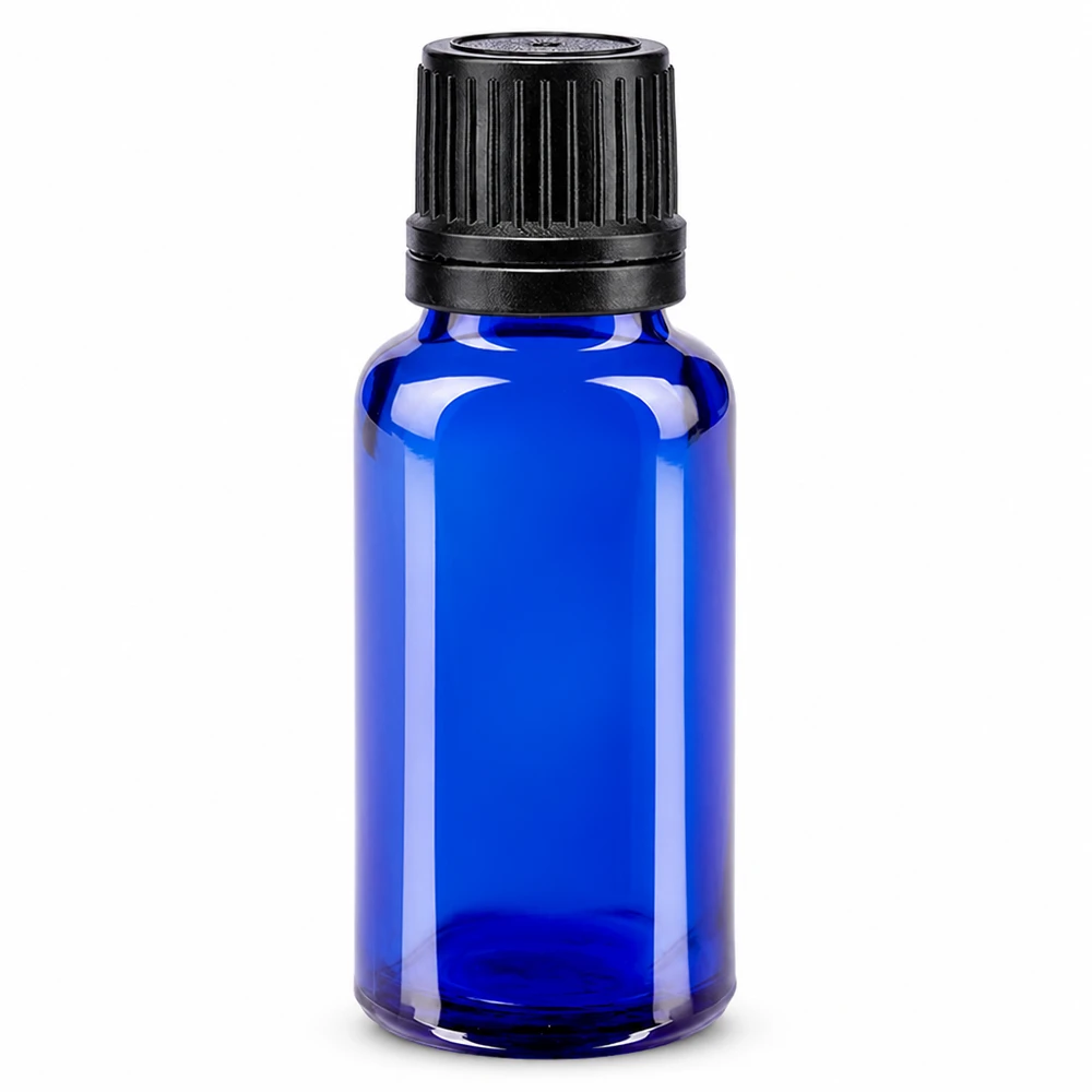 Butelka apteczna niebieska 20ml zakraplacz biały 0,8mm szt. 20 ml niebieska szklana buteleczka z czarnym zakraplaczem, wykonana z wysokiej jakości szkła ApoGlas, przeznaczona do olejków eterycznych