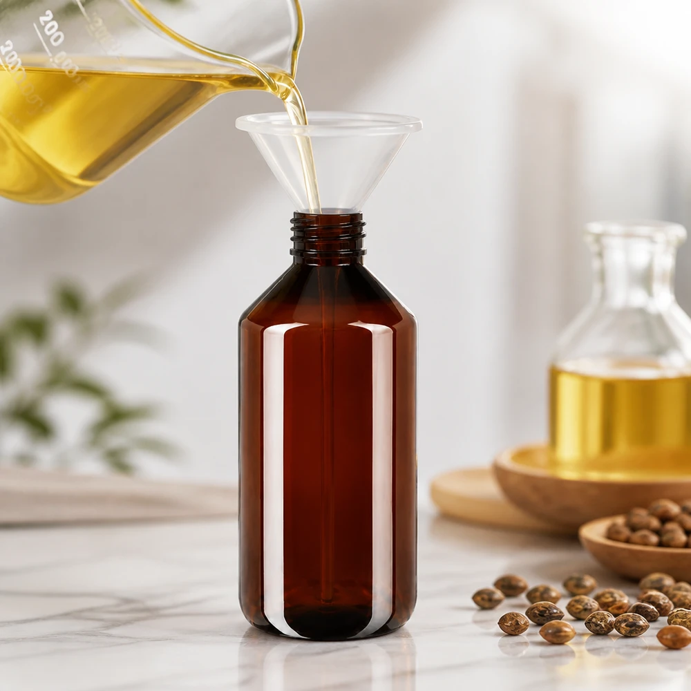 Butelka PET 750 ml z niebieską nakrętką OV Złoty olej przelewa się przez lejek do brązowej, okrągłej butelki PET o pojemności 750 ml, stojącej na marmurowej powierzchni