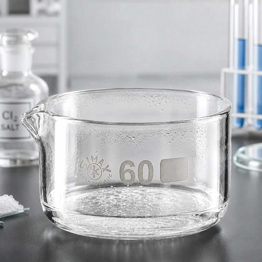 Miska krystalizacyjna 60 ml, szkło borokrzemowe Simax (Czechy), płaski, cylindryczny wylew, miska laboratoryjna, przezroczysta