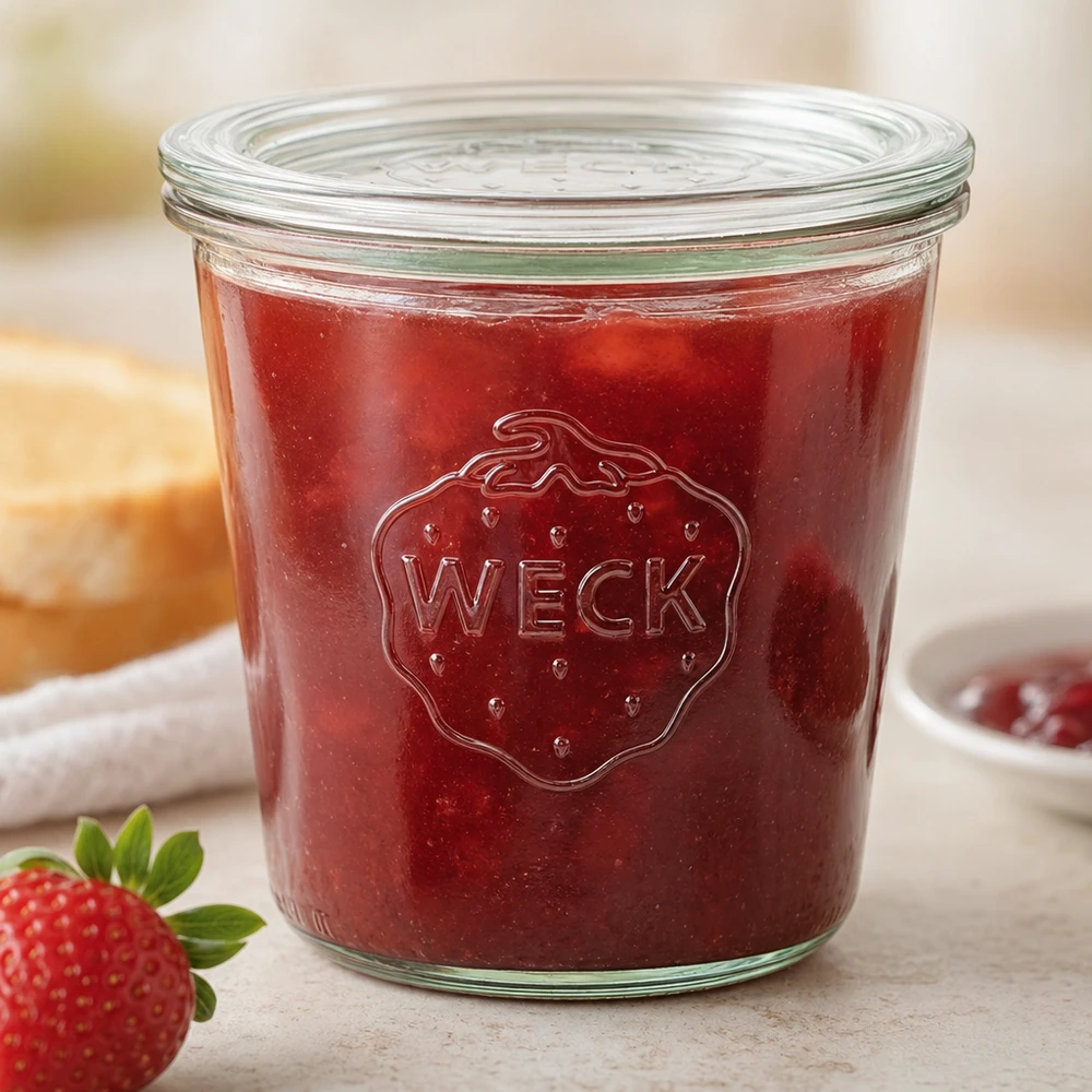 Słoik o pojemności 580 ml z szklaną pokrywką WECK RR100 Kubki WECK 580ml RR100 z czerwonym dżemem truskawkowym i truskawkowym logo na blacie kuchennym