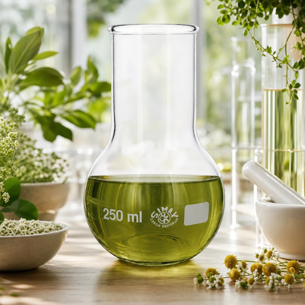 Kolba laboratoryjna 250 ml z szeroką szyjką i zielonym płynem na drewnianym stole obok roślin botanicznych