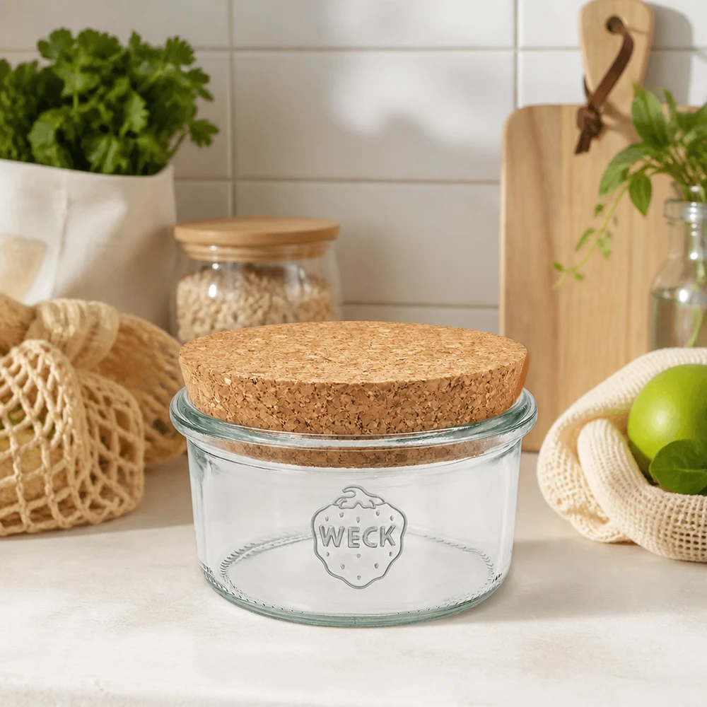 Szklanki 165ml WECK RR80 z korkiem naturalne WECK Vorratsglas 165ml RR80 Korkdeckel Küchendeko skandinavisch nachhaltige Aufbewahrung Zero Waste Lifestyle