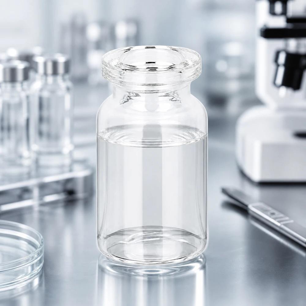 Butelka iniekcyjna z przezroczystego szkła 5 ml Hochwertige Klarglas Viale 5ml für Injektionslösungen vor medizinischem Laborhintergrund mit Mikroskop