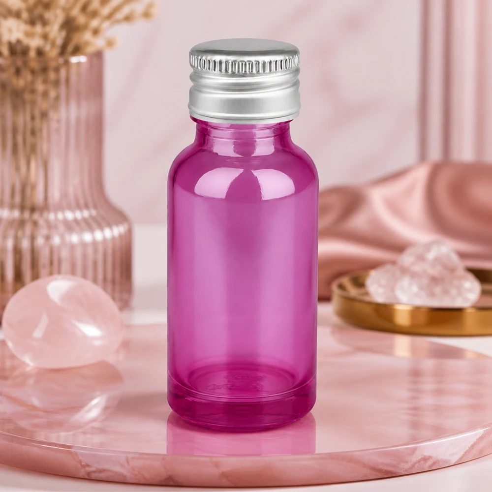 Wysokiej jakości fioletowa szklana butelka 20 ml z ochroną UV i srebrnym aluminiowym wieczkiem STD