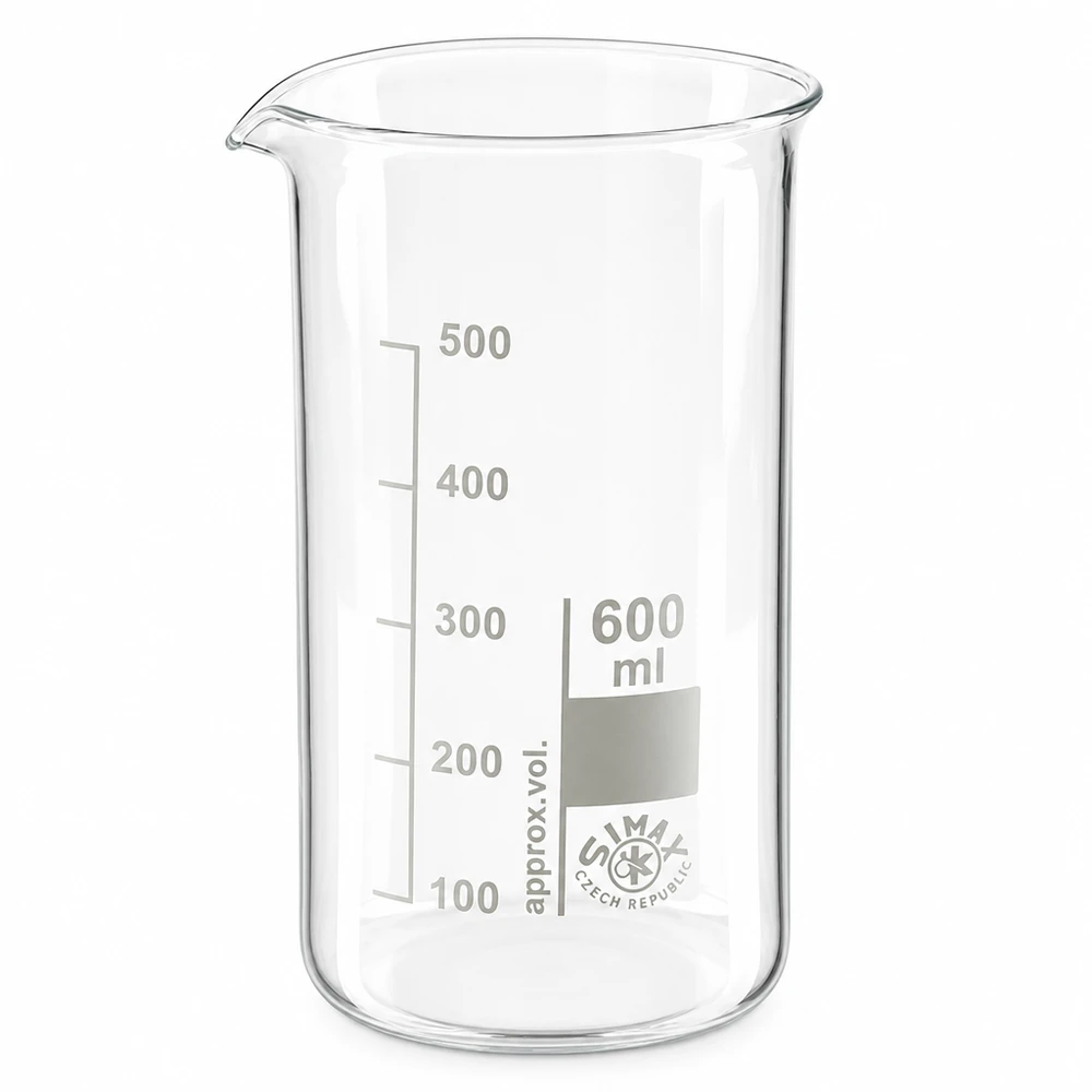 Szklanka o pojemności 600 ml, wysoka, wykonana ze szkła borokrzemowego, z podziałką mililitrową od 100 do 500 ml