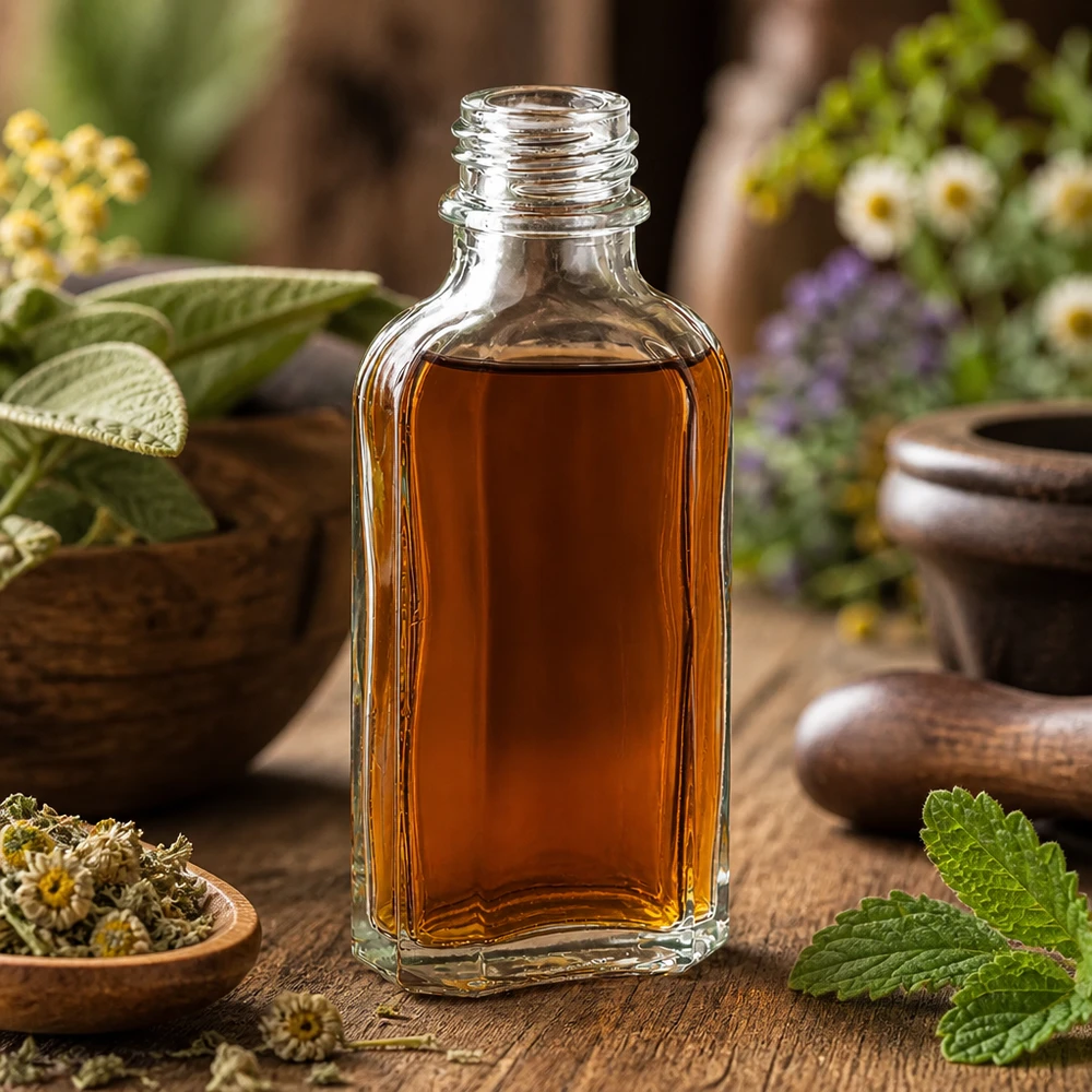 Butelka Meplat 50 ml przezroczysta DIN22 Płaska, przezroczysta butelka typu Meplat o pojemności 50 ml z gwintem DIN22, otoczona ziołami leczniczymi i kwiatami