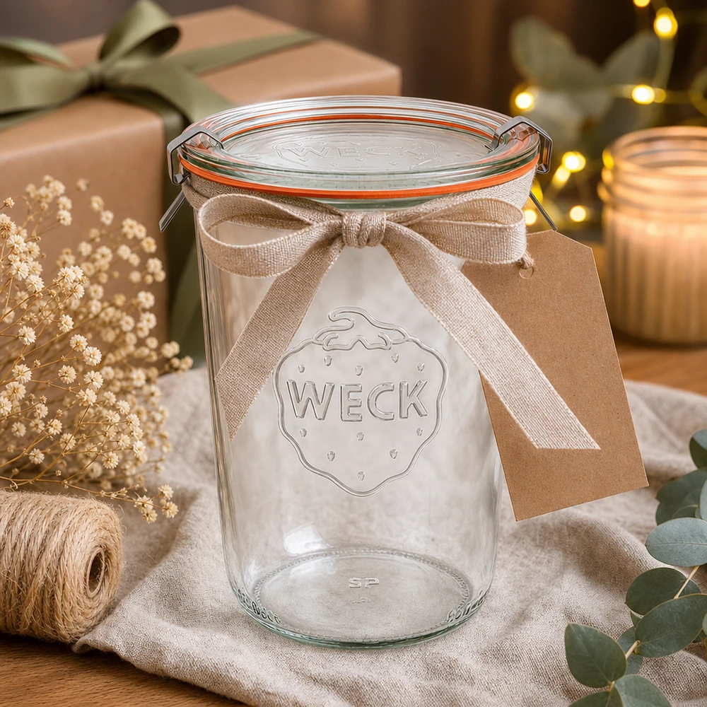 Kubki o pojemności 850 ml w komplecie WECK RR100 Kubki WECK 850 ml RR100 jako pomysł na prezent ozdobione kokardą i zawieszką w przytulnej świątecznej scenerii