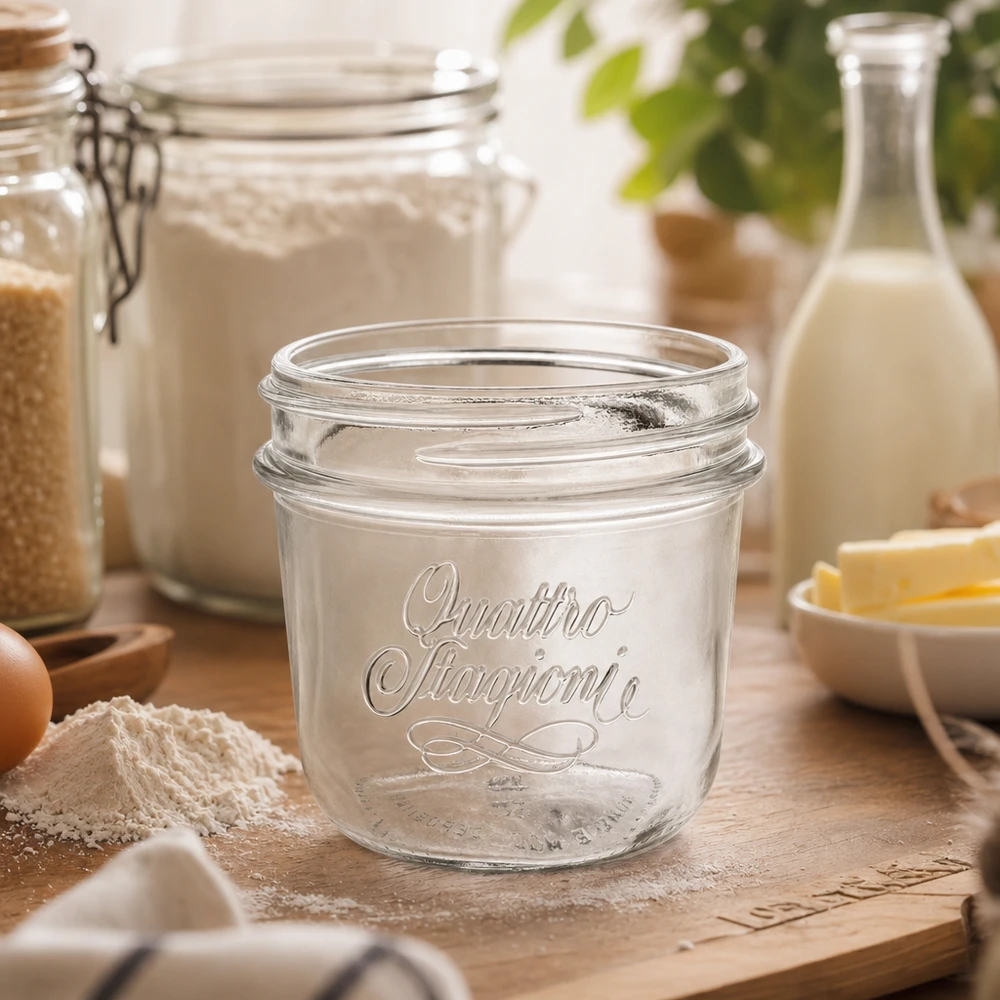 Szkło jubilerskie "Quattro Stagioni" o pojemności 200 ml 200ml szklany słoik Quattro Stagioni na drewnianym stole ze składnikami do pieczenia, mąką, jajkami i butelką mleka w kuchni