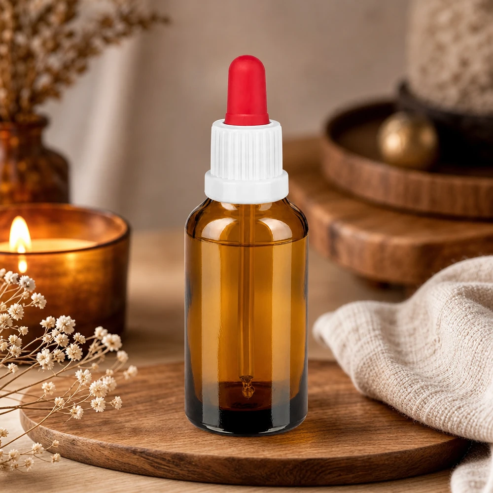 Chroniąca przed promieniowaniem UV fiolka ze szkła bursztynowego 30 ml z precyzyjną pipetą dozującą do kosmetyków i naturopatii
