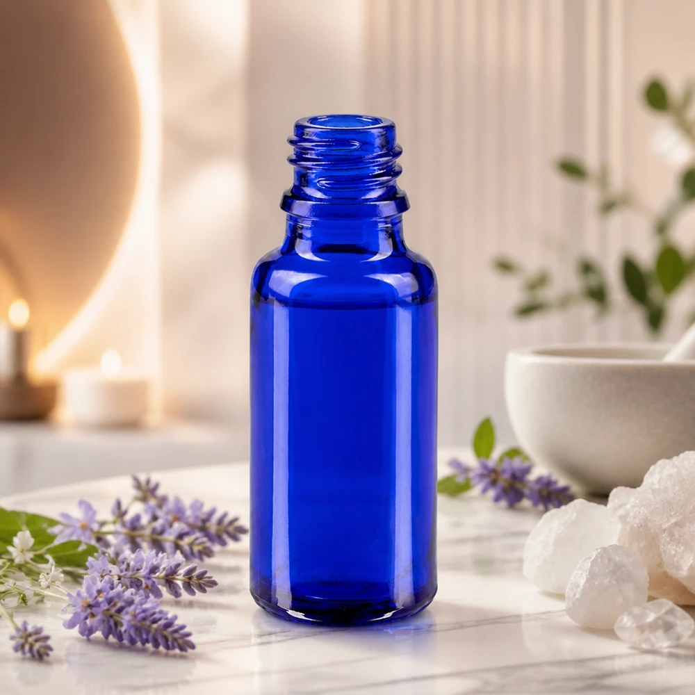 Butelka z zakraplaczem 20 ml DIN 18 NIEBIESKIE SZKŁO Poręczna butelka ApoGlas 20 ml w eleganckim niebieskim kolorze do kosmetyków naturalnych i naturoterapii