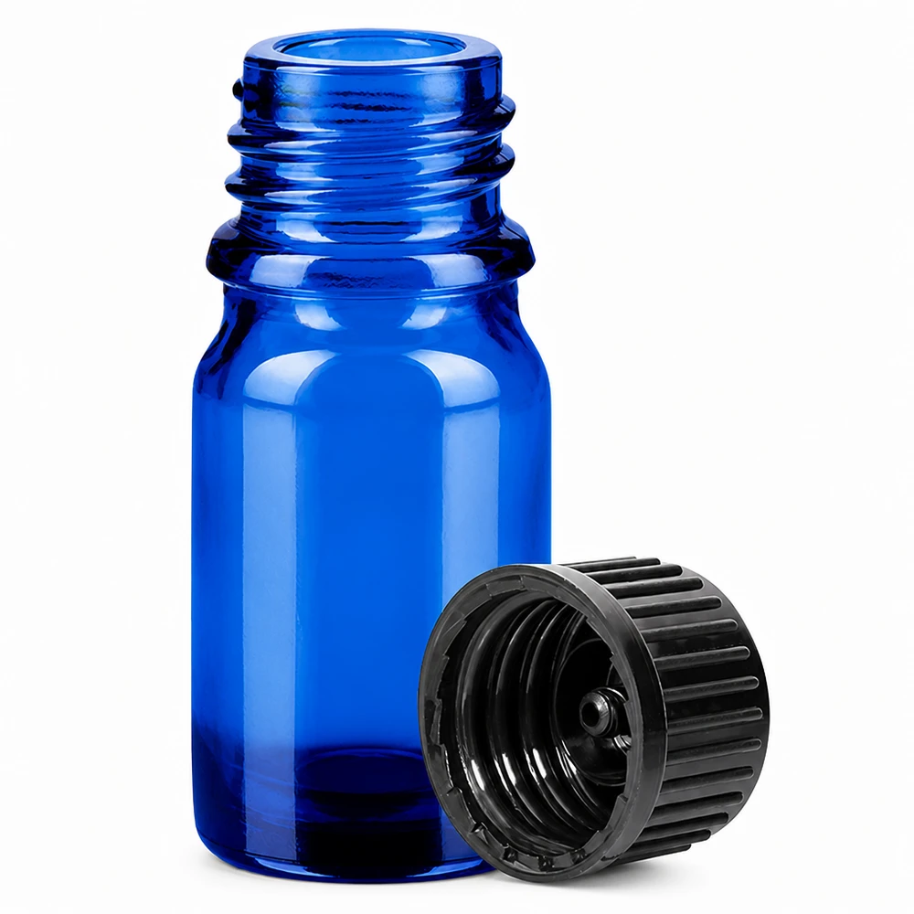 5 ml szklana butelka BlueLine z gwintem 11 mm i czarną zakrętką do precyzyjnego dozowania