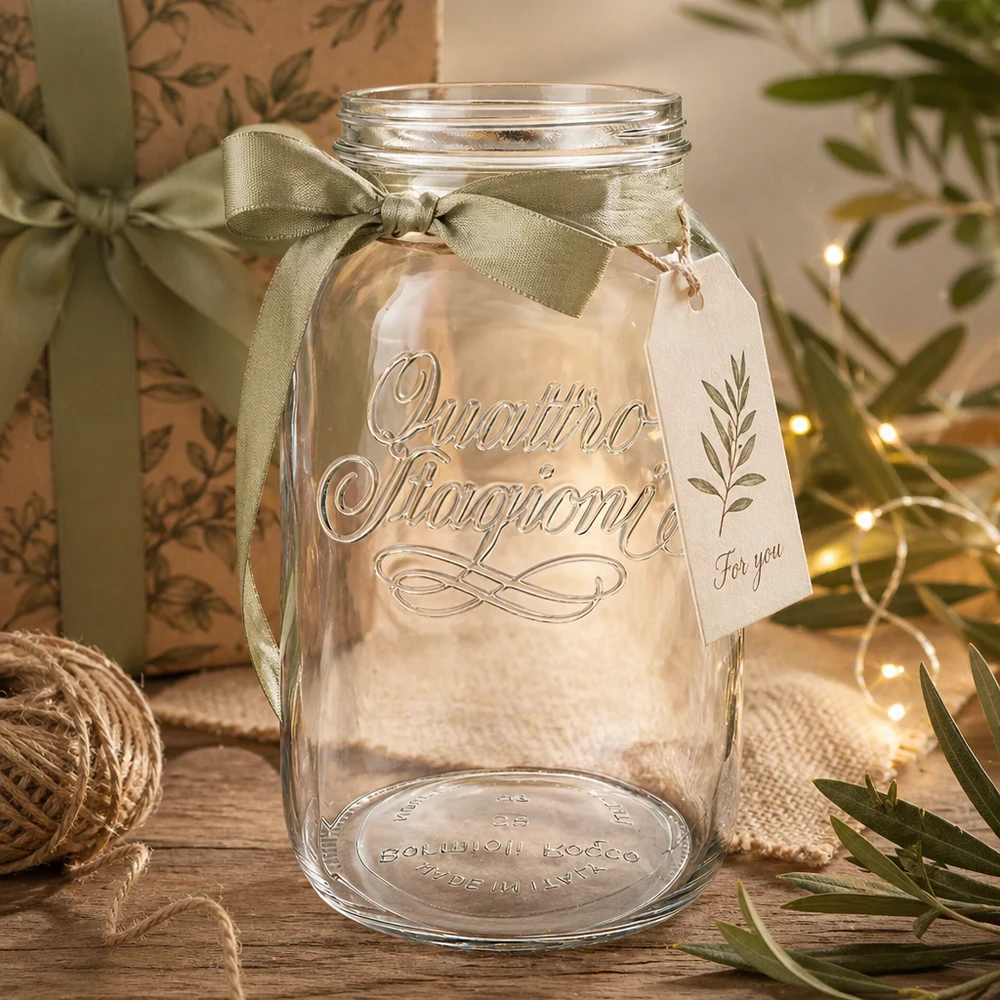 Szkło gospodarcze "Quattro Stagioni" o pojemności 3800 ml Szkło gospodarcze Quattro Stagioni o pojemności 3800 ml ozdobione zieloną kokardą i przywieszką prezentową na rustykalnym drewnianym stole