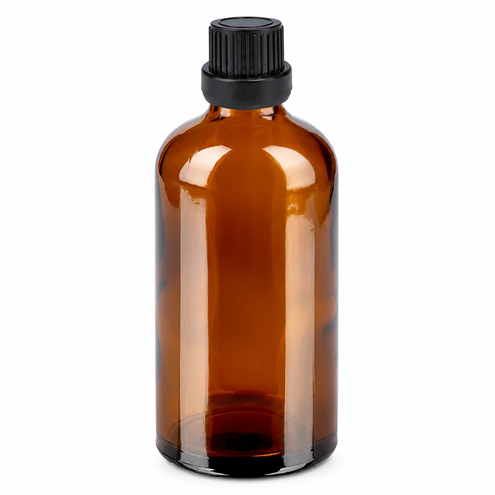 100 ml butelka z zakraplaczem 2 mm czarna OV BrownLine UT18/100 Butelka z brązowego szkła o pojemności 100 ml z czarnym zakraplaczem do olejków eterycznych i nalewek